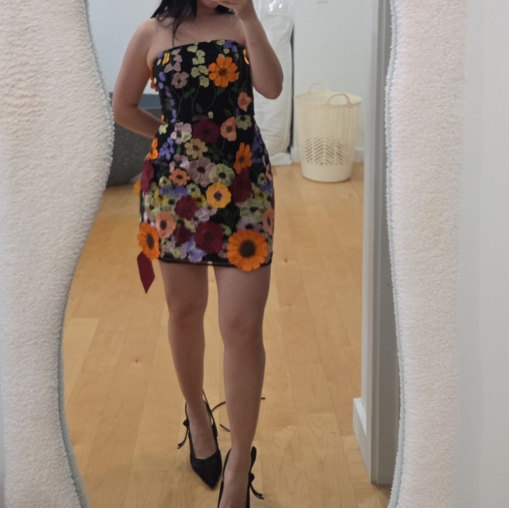 Strapless Floral Mini Dress in Black with Multicolor Blooms
